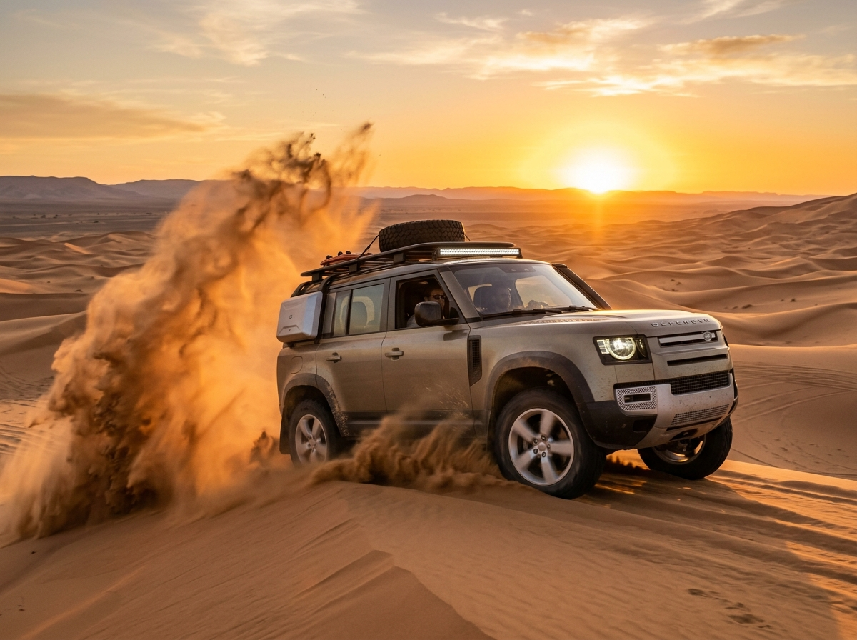 Nissan Patrol Super Safari in motion across desert dunes
